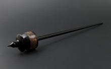 Load image into Gallery viewer, Teacup spindle in Indian ebony, hand dyed maple burl, and hand dyed walnut