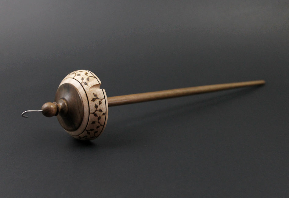 Drop spindle in curly maple and walnut