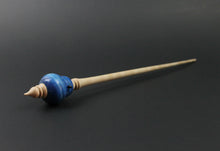 Load image into Gallery viewer, Bluebird bead spindle in hand dyed curly maple, ebony, and curly maple