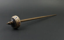 Load image into Gallery viewer, Tibetan style spindle in curly maple, hand dyed maple burl, and walnut
