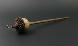 Acorn drop spindle in walnut and maple burl