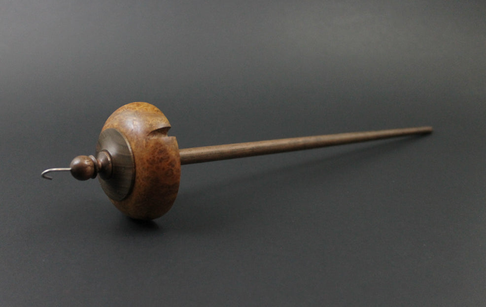 Drop spindle in amboyna burl and walnut