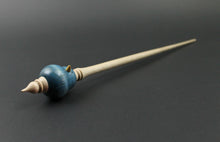 Load image into Gallery viewer, Bluebird bead spindle in hand dyed curly maple, yellowheart, and curly maple