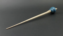 Load image into Gallery viewer, Bluebird bead spindle in hand dyed curly maple, yellowheart, and curly maple