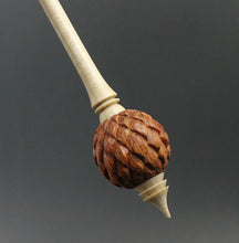 Load image into Gallery viewer, Dragon egg bead spindle in bloodwood and curly maple