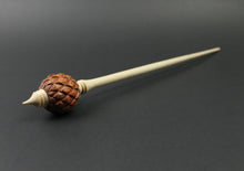 Load image into Gallery viewer, Dragon egg bead spindle in bloodwood and curly maple