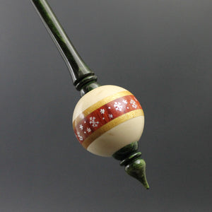 Bead spindle in holly, redheart, yellowheart, and hand dyed curly maple