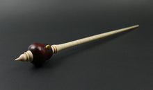 Load image into Gallery viewer, Cardinal bead spindle in hand dyed walnut, yellowheart, and curly maple
