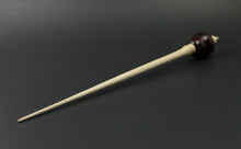 Load image into Gallery viewer, Cardinal bead spindle in hand dyed walnut, yellowheart, and curly maple