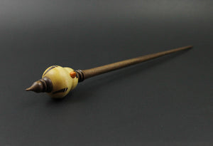 Goldfinch bead spindle in hand dyed curly maple and walnut