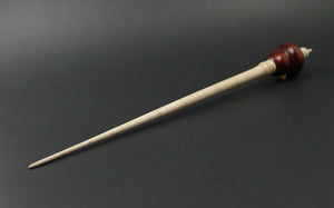 Bird bead spindle in hand dyed walnut, yellowheart, and curly maple