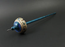 Load image into Gallery viewer, Drop spindle in curly maple, hand dyed birdseye maple, and hand dyed curly maple