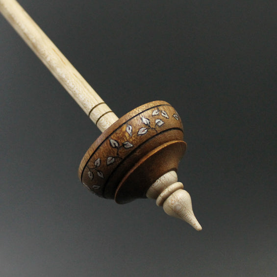 Tibetan style spindle in figured sapele and curly maple